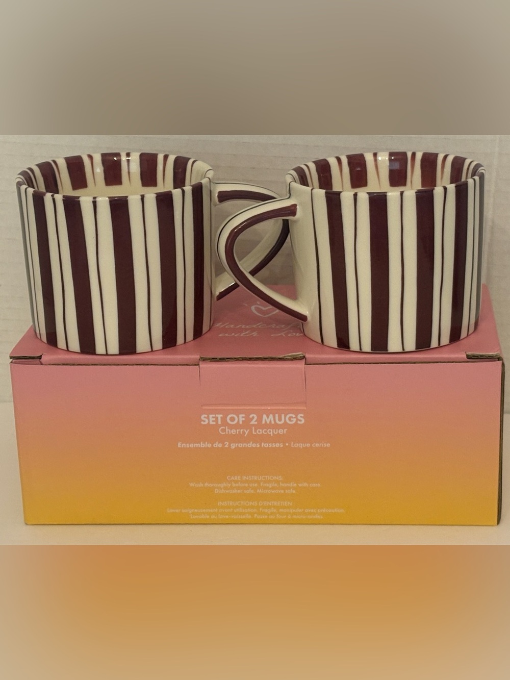 Noon & Moon Handcrafted Cherry Lacquer Striped Ceramic Mugs 8.6oz
 Set of 2